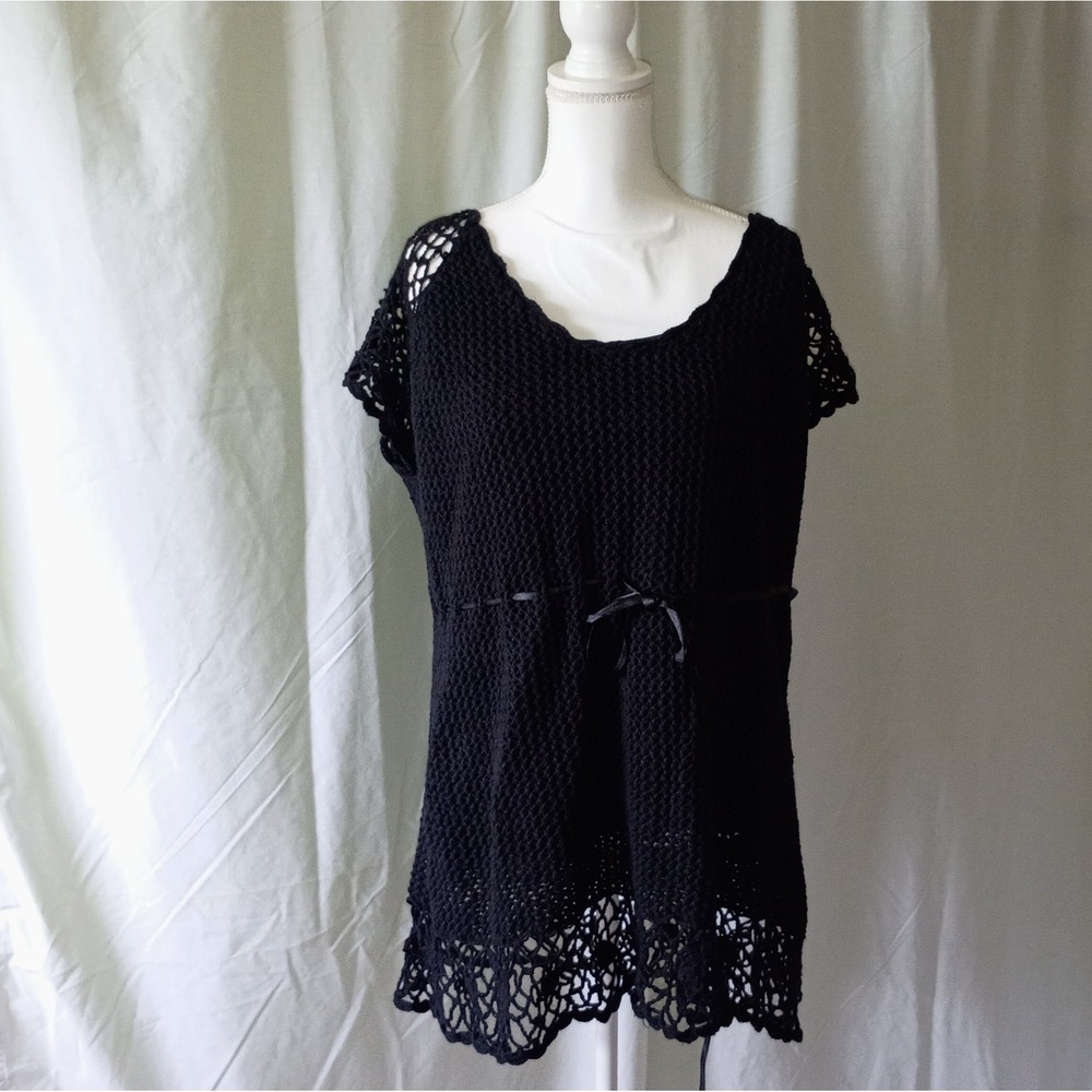 LN Studio Woman Black Crochet Tunic Top Short Sleeve Lace Hem 3X Boho Moody